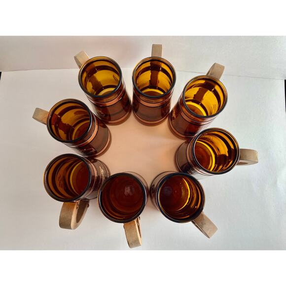 Vintage Amber Glass Beer Mugs Set of 8 – Sports Motif, 1960s Retro Barware - Picture 5 of 10